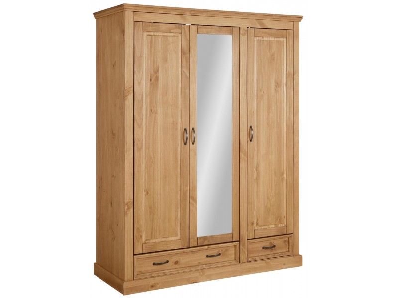 guarda roupas de madeira maciça rústica com 3 portas 2 gavetas e espelho acabamento em cera | England